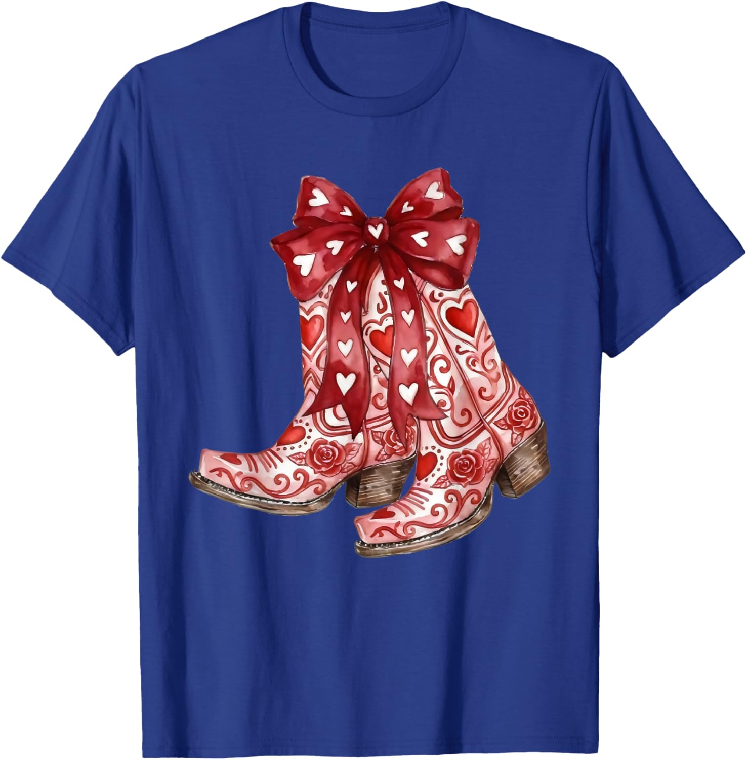 Retro Cowgirl Boots Red Coquette Bow Hearts Valentines Day T-Shirt - T-Shirt | Royal