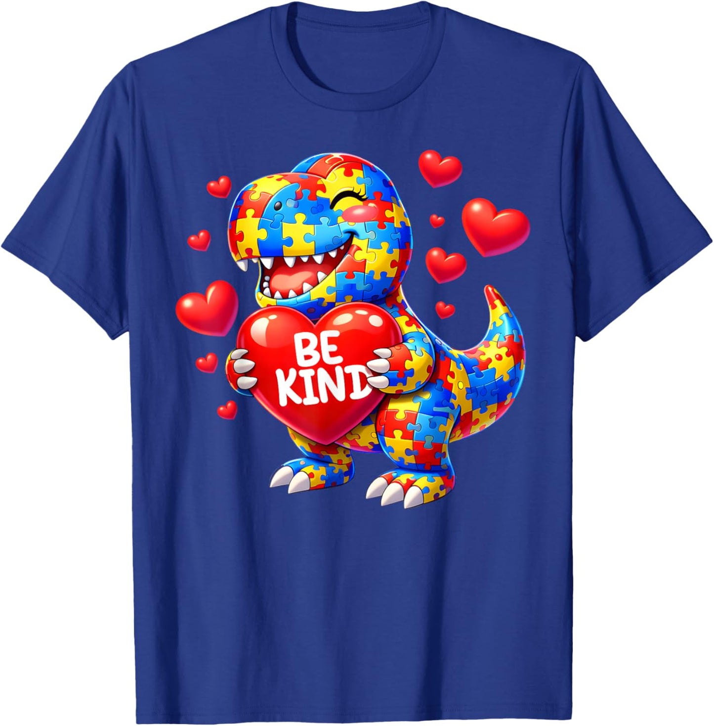 Autism Awareness Puzzle T Rex Dinosaur Be Kind Men Women Kid T-Shirt - T-Shirt | Royal