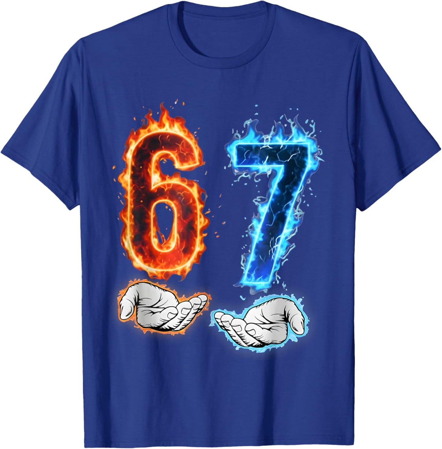 Funny Six Seven 67 Meme Hands Boys Kids Flames Fire Graphics T-Shirt - T-Shirt | Royal