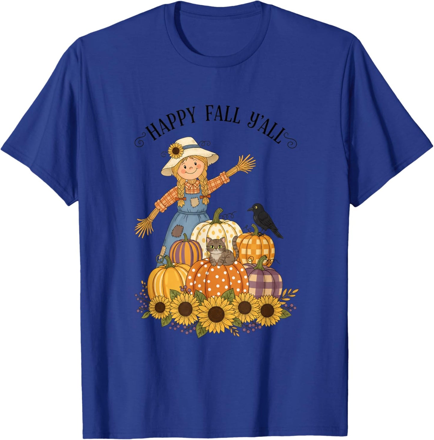 Happy Fall Y'all Scarecrow Pumpkin Sunflowers Autumn Thanksg T-Shirt - T-Shirt | Royal