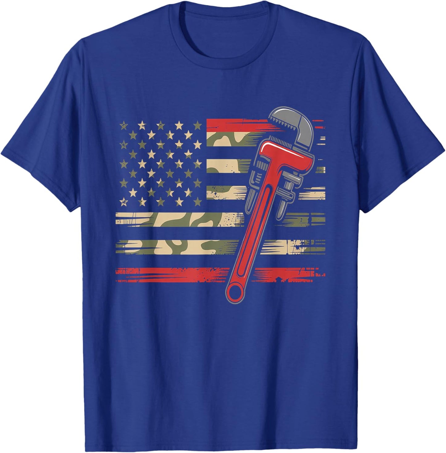 Plumber Camo USA Flag - Patriotic Plumbing Wrench T-Shirt - T-Shirt | Royal
