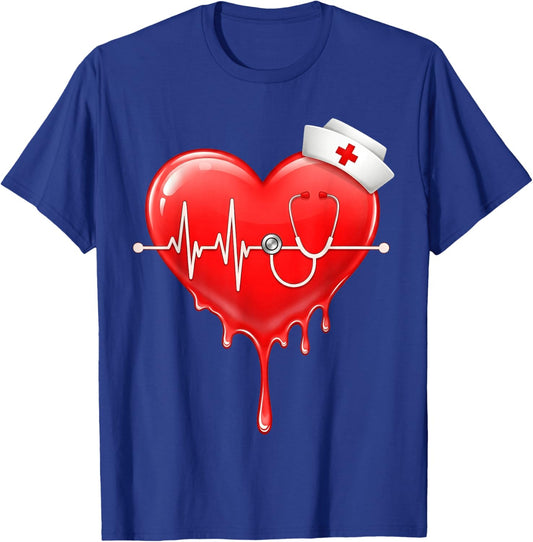 Valentines Day Nurse Dripping Heartbeat Stethoscope Medical T-Shirt - T-Shirt | Royal