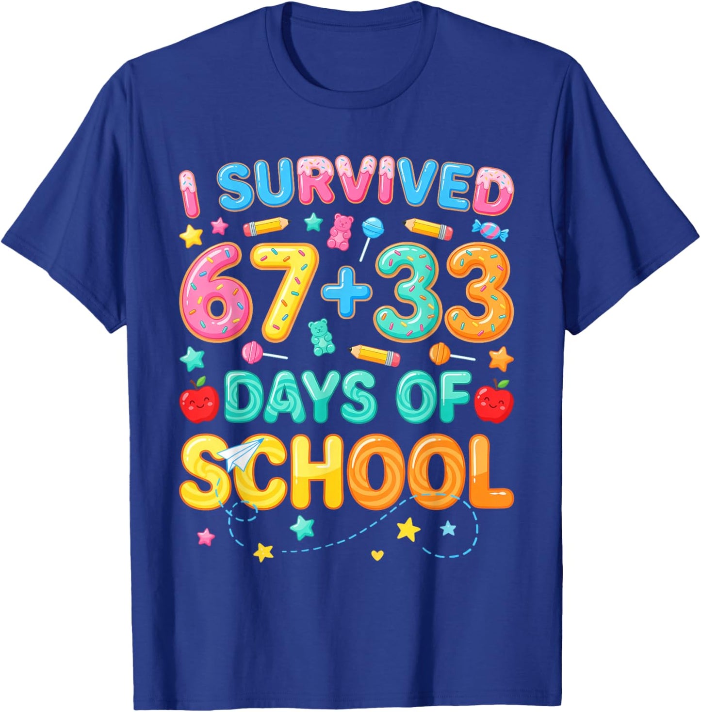 I Survived 67+33 Days of School 100 Days 6 7 Kids Boys Girls T-Shirt - T-Shirt | Royal