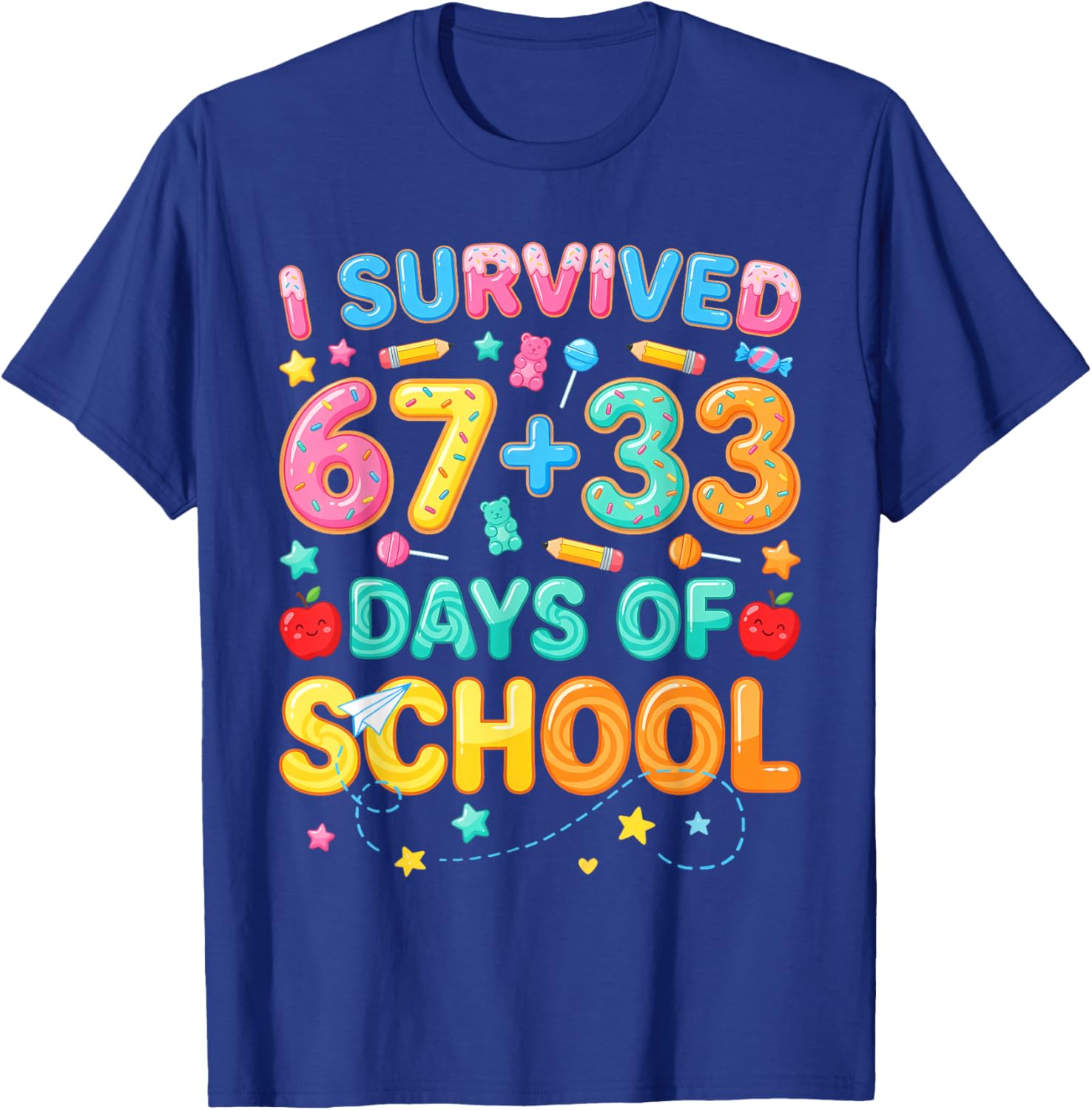 I Survived 67+33 Days of School 100 Days 6 7 Kids Boys Girls T-Shirt - T-Shirt | Royal