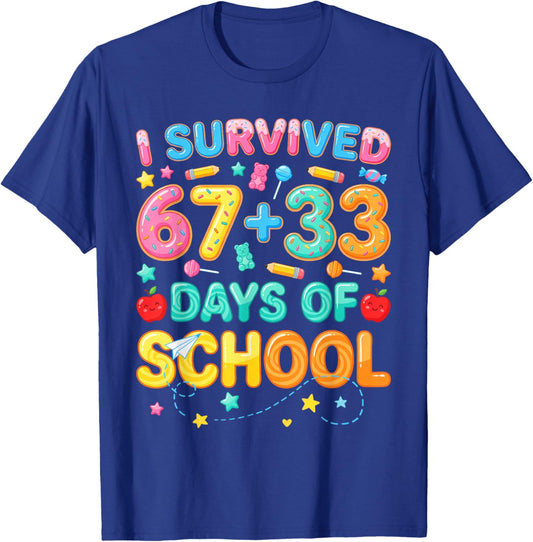 I Survived 67+33 Days of School 100 Days 6 7 Kids Boys Girls T-Shirt - T-Shirt | Royal