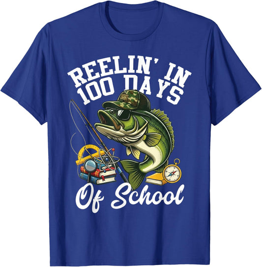 Reelin' in 100 Days of School Bass Camo Fishing Lover Boys T-Shirt - T-Shirt | Royal