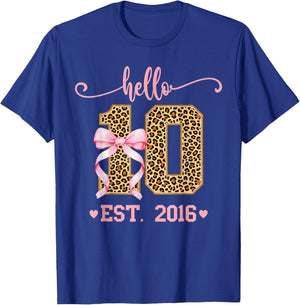 Hello Ten Est 2016 10th Birthday Girl Double Digits Leopard T-Shirt - T-Shirt | Royal