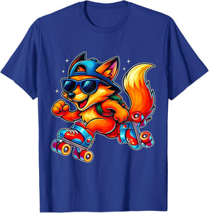 Funny Fox on Roller Skates Cute Cool Skater Animal Graphic T-Shirt - T-Shirt | Royal