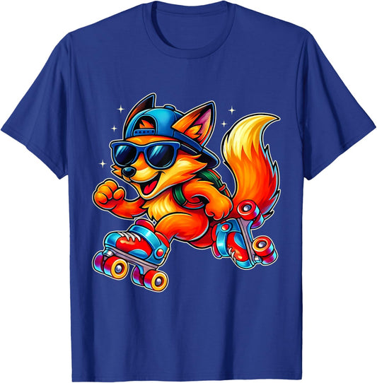 Funny Fox on Roller Skates Cute Cool Skater Animal Graphic T-Shirt - T-Shirt | Royal