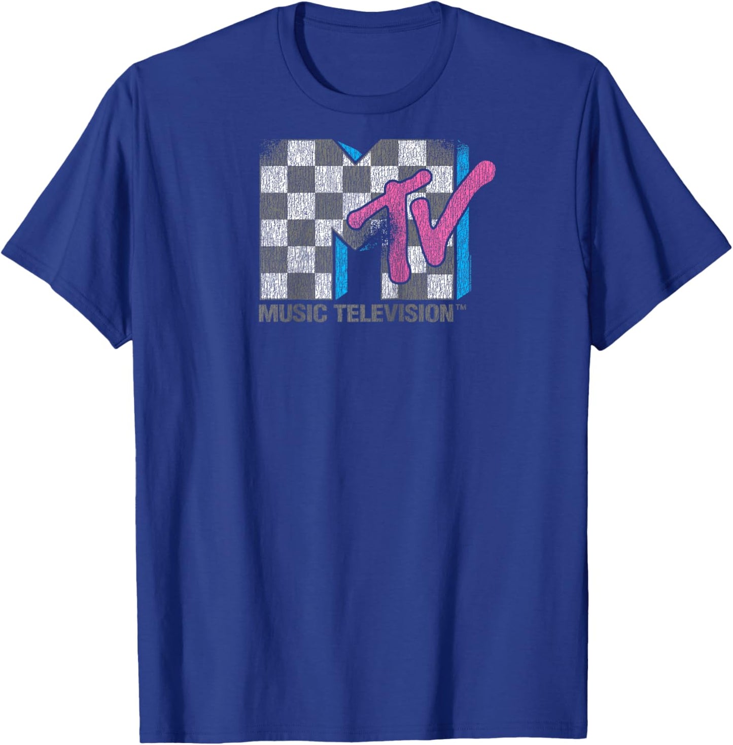 MTV Distressed Vintage Checkerboard Logo Music Television Raglan Baseball T-Shirt - T-Shirt | Royal