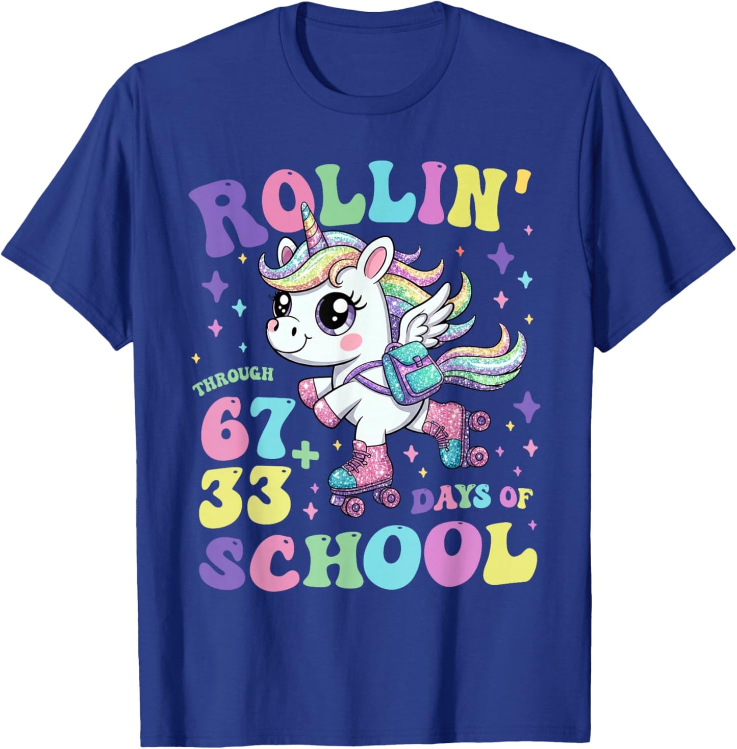 Rollin Through 100 Days of School Girls Teacher Unicorn T-Shirt - T-Shirt | Royal