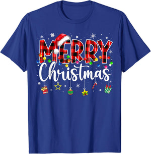 Merry Christmas Buffalo Plaid Red Santa Hat Xmas Pajama T-Shirt - T-Shirt | Royal