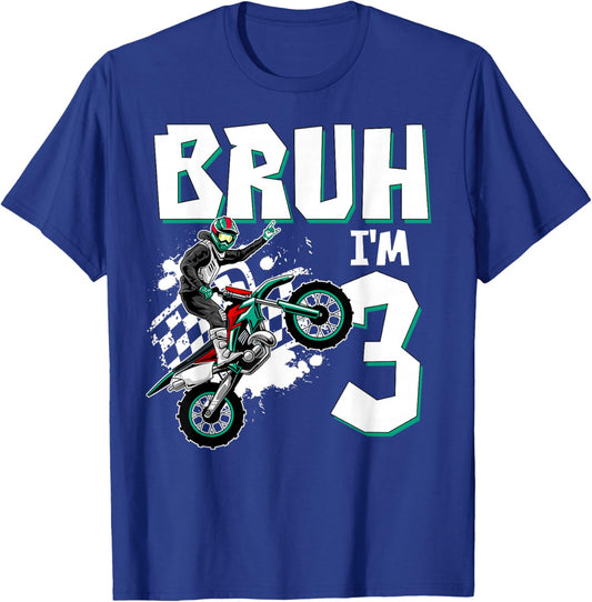 Bruh I'm 3 Motocross Birthday Motorcycle Themed 3rd Birthday T-Shirt - T-Shirt | Royal