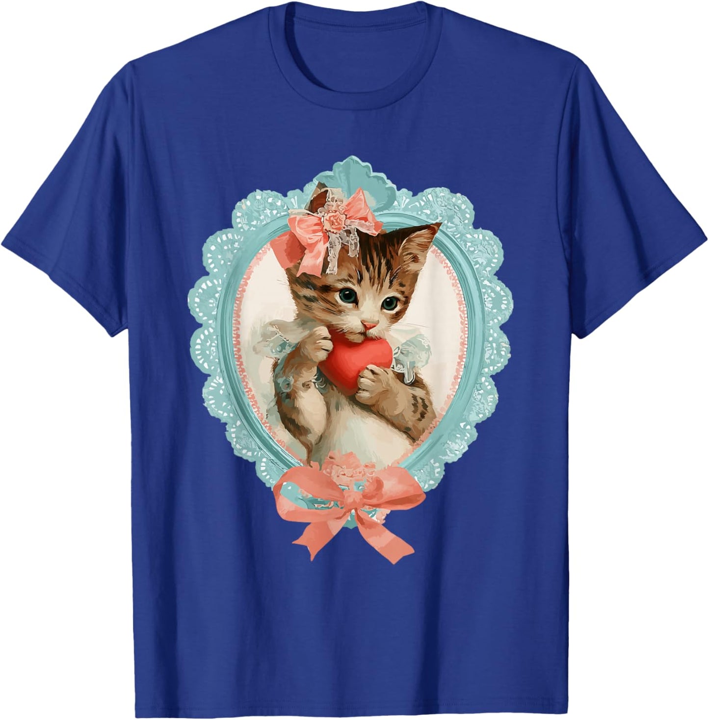 Cute Tabby Cat Valentine Kitty with Heart Vintage Coquette T-Shirt - T-Shirt | Royal