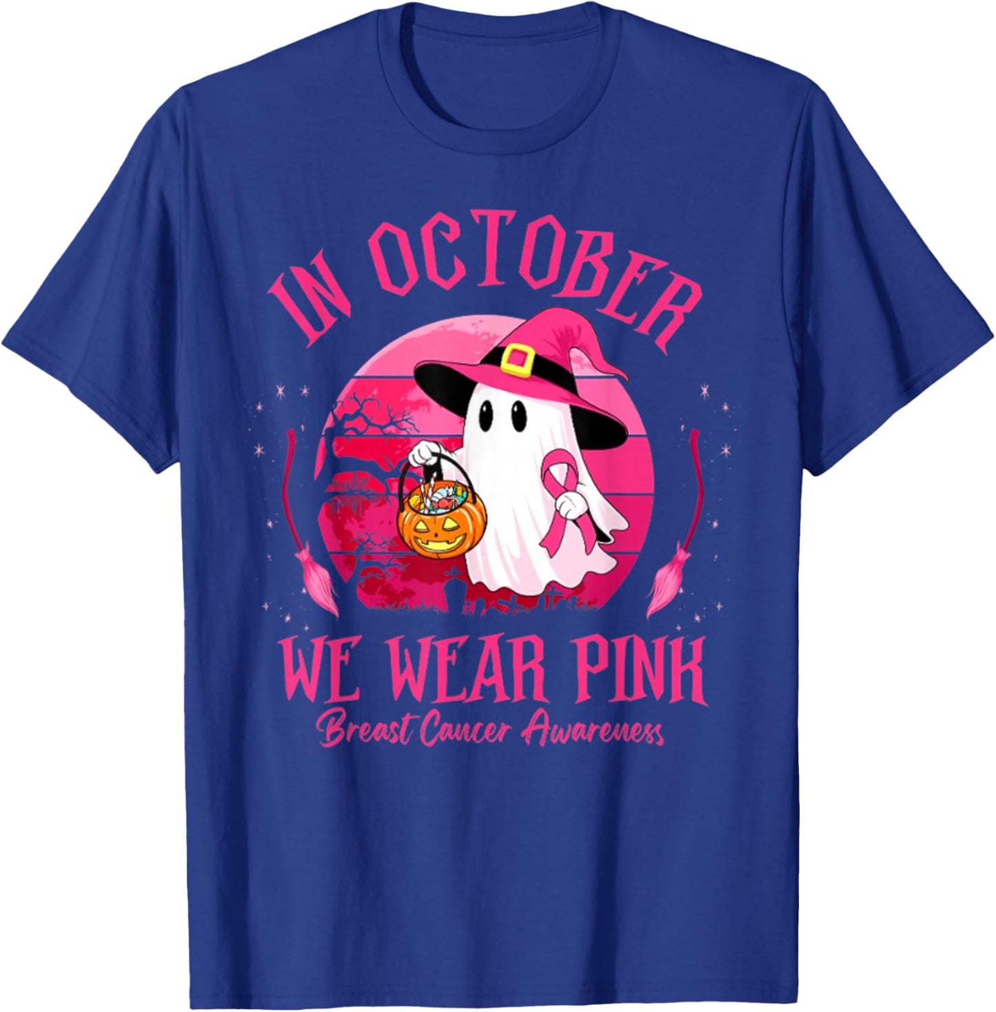 in October We Wear Pink Ghost Witch Breast Cancer Awareness T-Shirt - T-Shirt | Royal