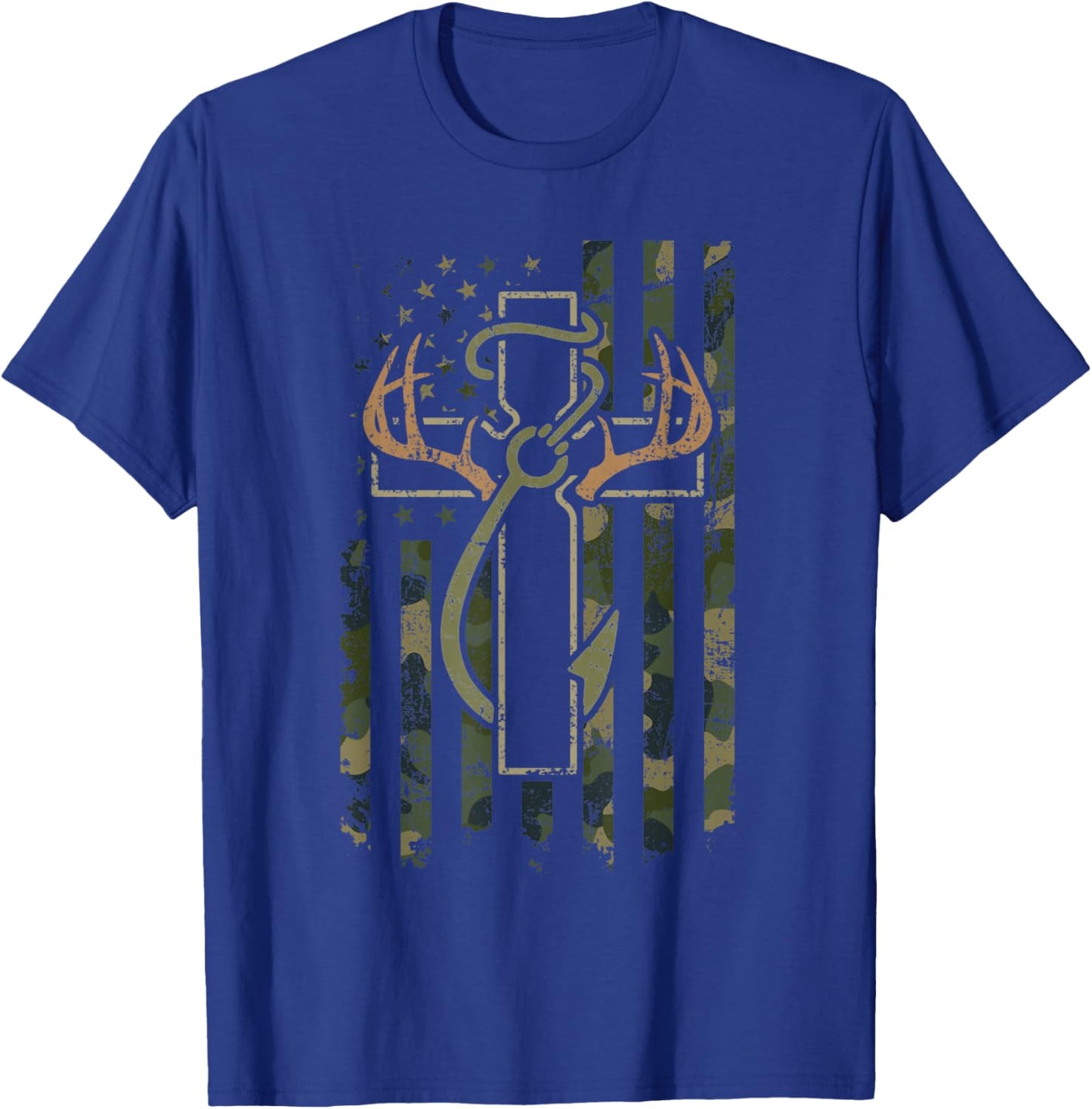 Faith Fishing Hunting Camo Us Flag Cross with Hook Christian T-Shirt - T-Shirt | Royal