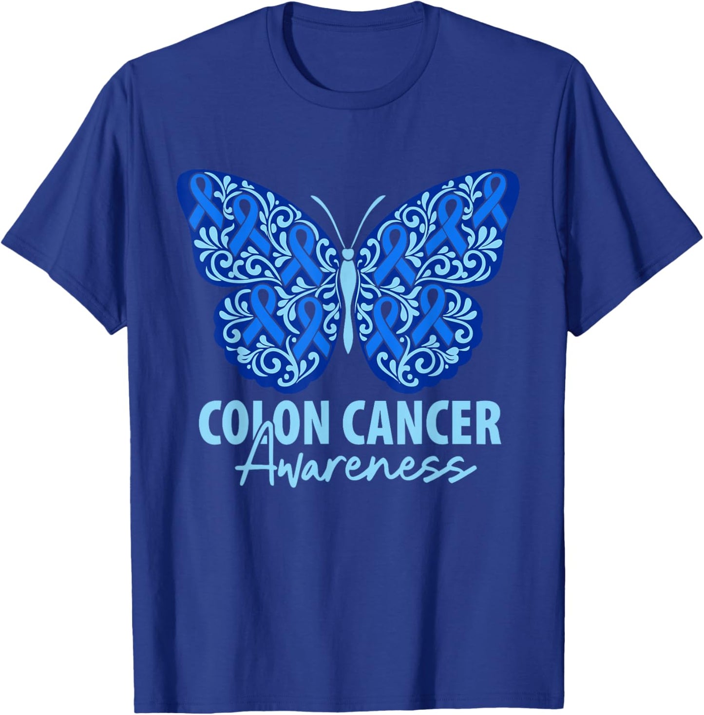 Colorectal Colon Cancer Awareness Blue Ribbon Butterfly T-Shirt - T-Shirt | Royal
