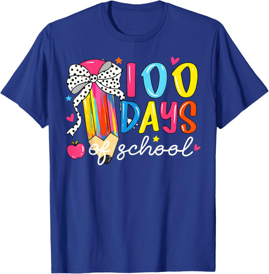100 Days of School Coquette Pencil Bow Girl Women Teacher T-Shirt - T-Shirt | Royal