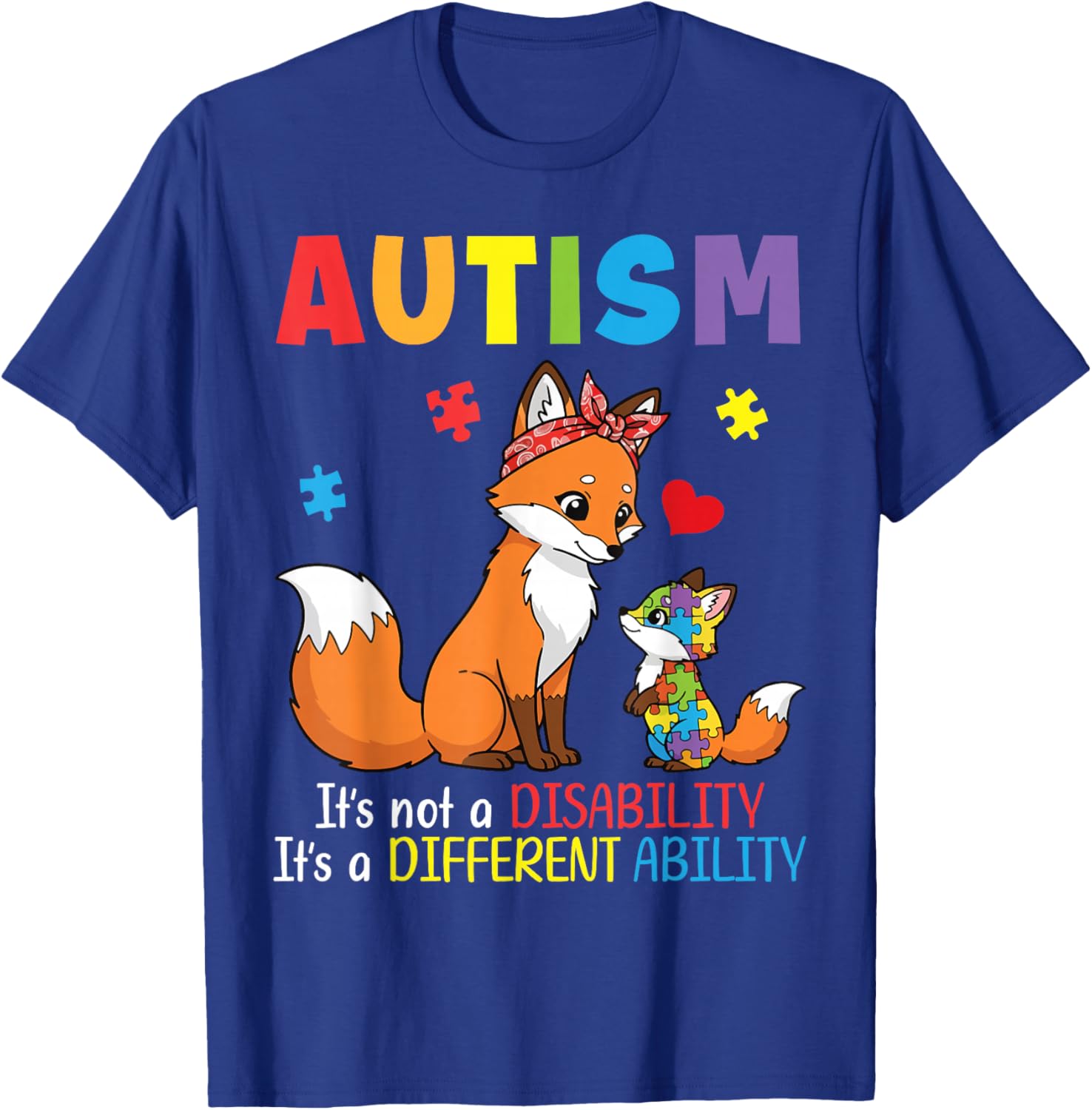 Autism Awareness Mother Fox Different Ability Puzzle Piece T-Shirt - T-Shirt | Royal