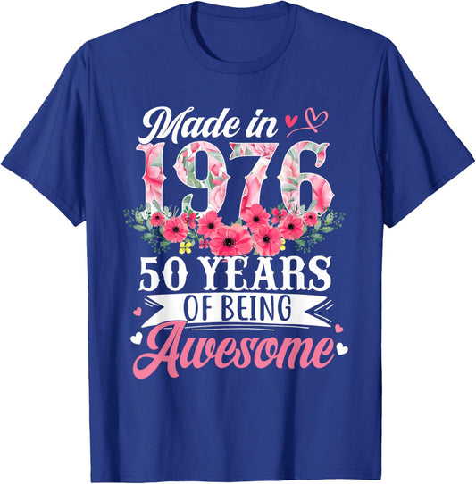 50th Birthday Women Born in 1976 Floral 50 Years Old Gifts T-Shirt - T-Shirt | Royal