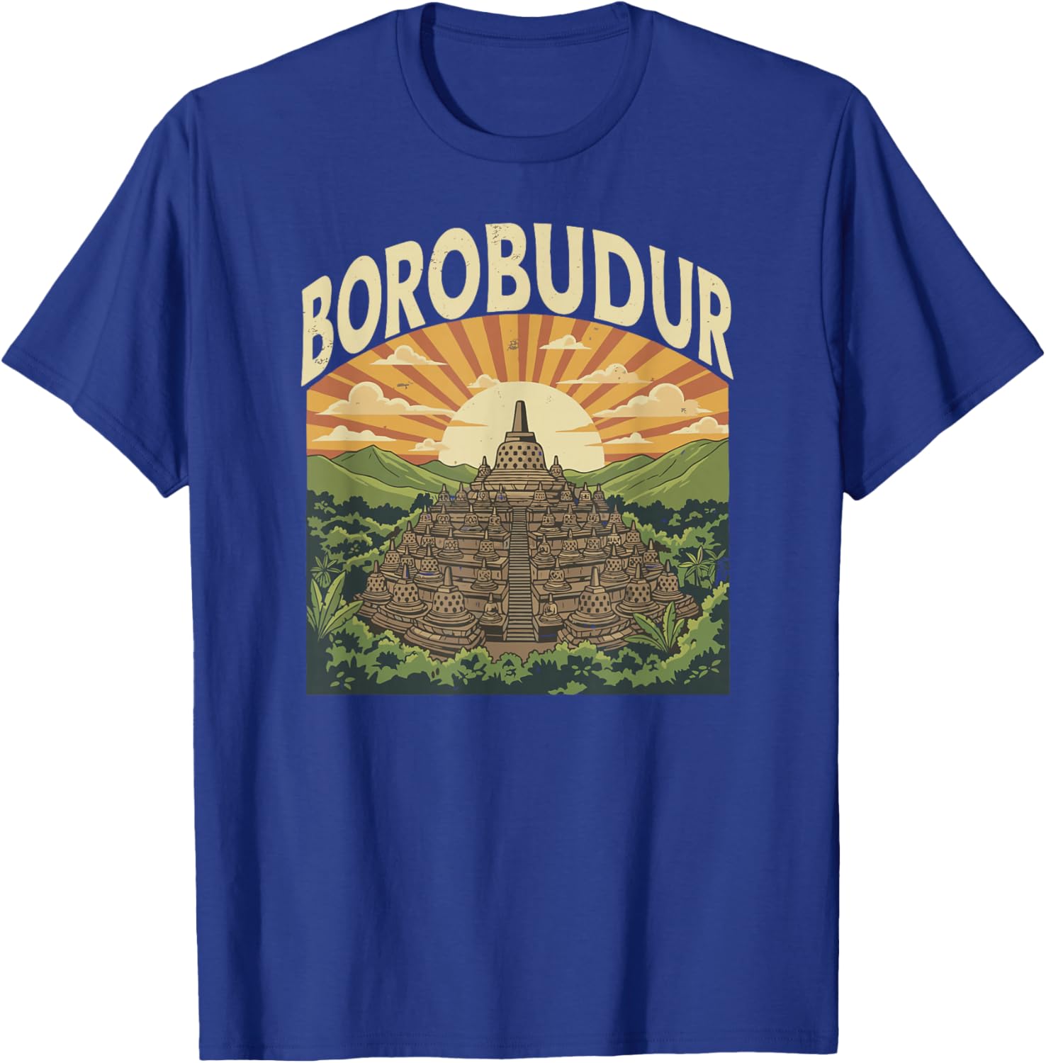 Borobudur, Retro Indonesian Buddhist Temple Sunset Forest T-Shirt - T-Shirt | Royal