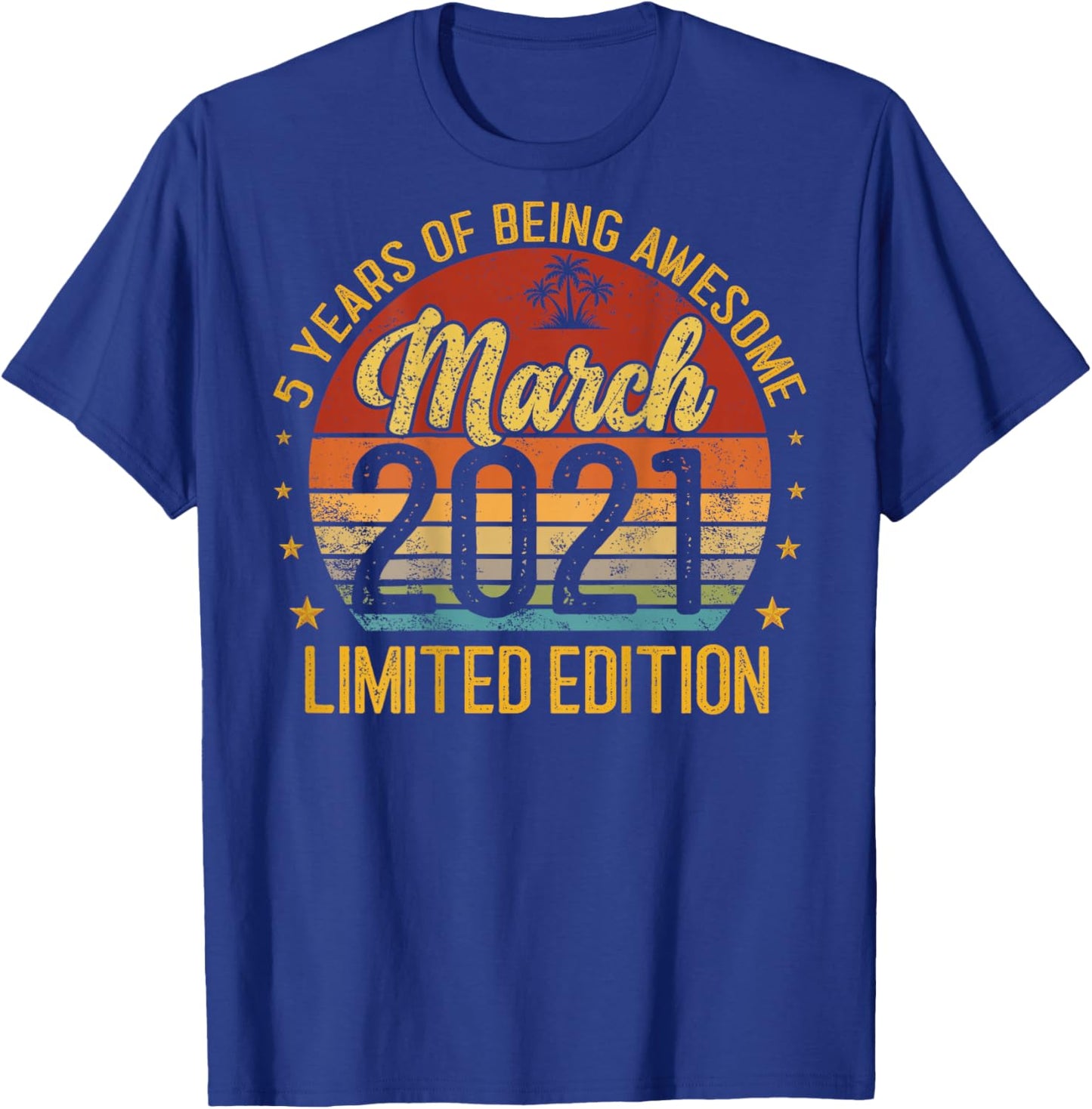 (ON Back) Retro Vintage March 2021 5-Year-Old 5th Birthday T-Shirt - T-Shirt | Royal