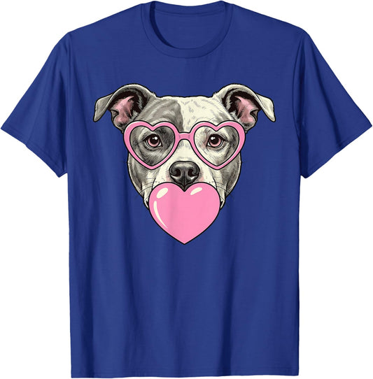 Cute Pitbull Blowing Pink Valentine Heart Bubble Gum T-Shirt - T-Shirt | Royal