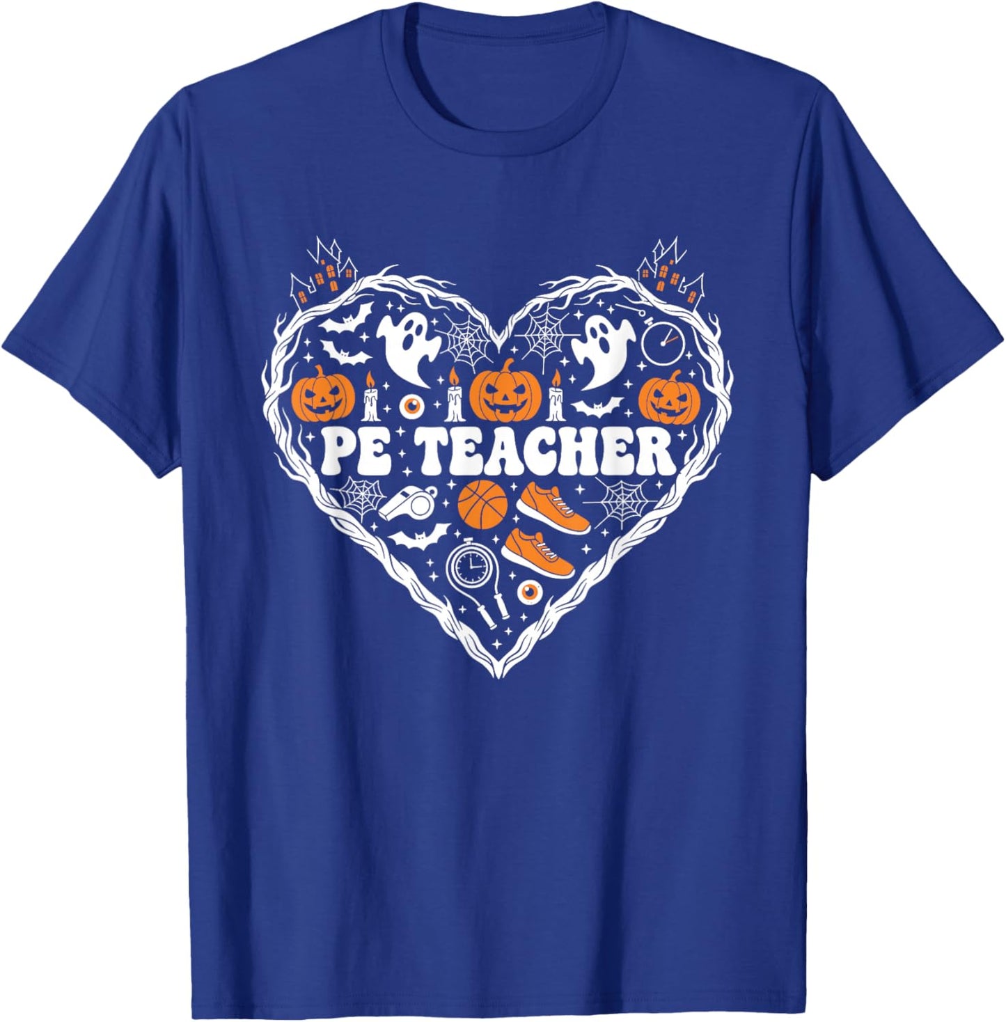 PE Teacher Heart Pumpkin Ghost Halloween Kids T-Shirt - T-Shirt | Royal