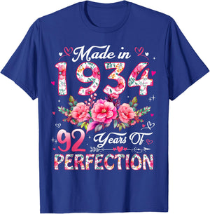 92 Year Old Made in 1934 Floral 92nd Birthday Women T-Shirt - T-Shirt | Royal