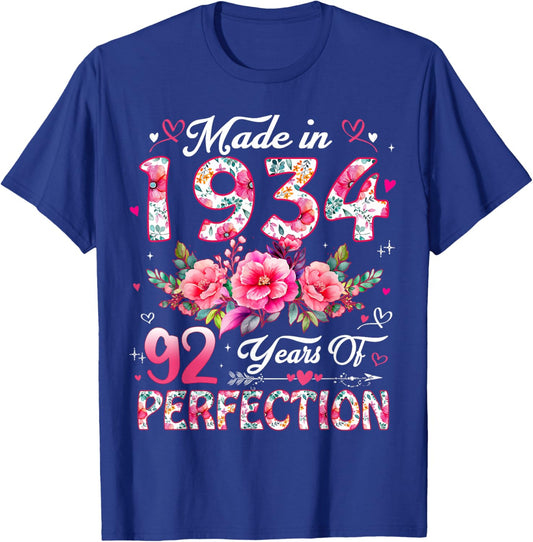 92 Year Old Made in 1934 Floral 92nd Birthday Women T-Shirt - T-Shirt | Royal