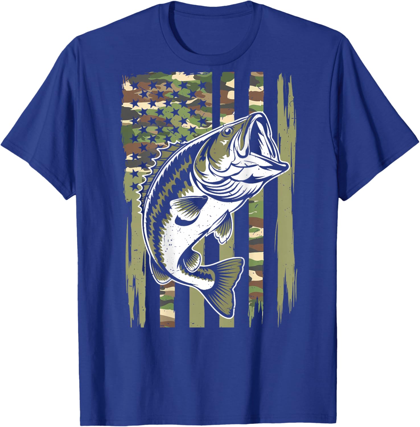 Youth Camo Fishing Bass Fish American Flag Patriotic Men Boy T-Shirt - T-Shirt | Royal