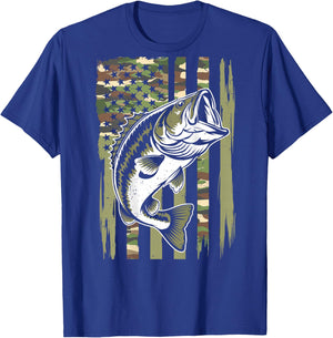 Youth Camo Fishing Bass Fish American Flag Patriotic Men Boy T-Shirt - T-Shirt | Royal