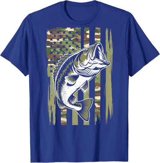 Youth Camo Fishing Bass Fish American Flag Patriotic Men Boy T-Shirt - T-Shirt | Royal