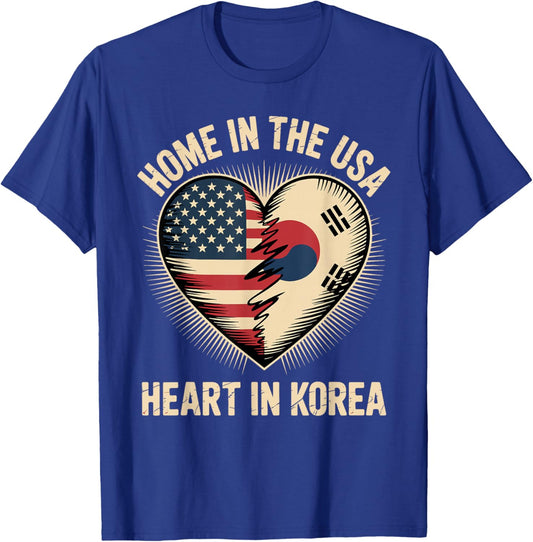 Home in The USA Heart in Korea American Korean America T-Shirt - T-Shirt | Royal