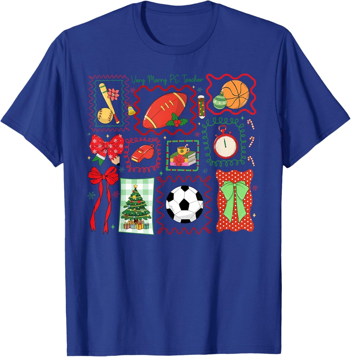 PE Teacher Christmas Bow Physical Education Teacher Outfit T-Shirt - T-Shirt | Royal
