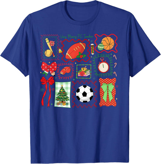 PE Teacher Christmas Bow Physical Education Teacher Outfit T-Shirt - T-Shirt | Royal