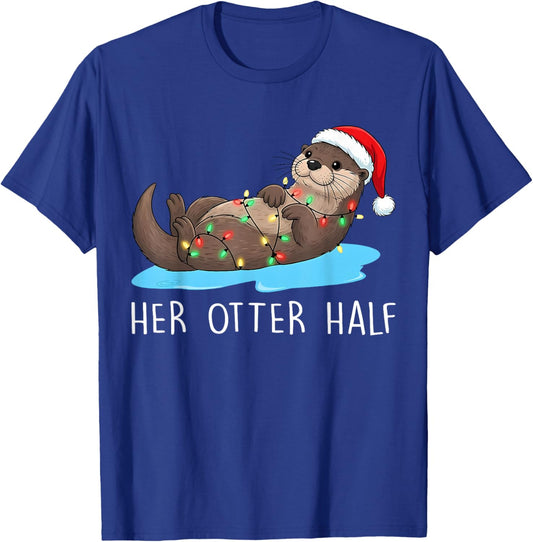 His and Her Otter Half Santa Hat Matching Couple Christmas T-Shirt - T-Shirt | Royal
