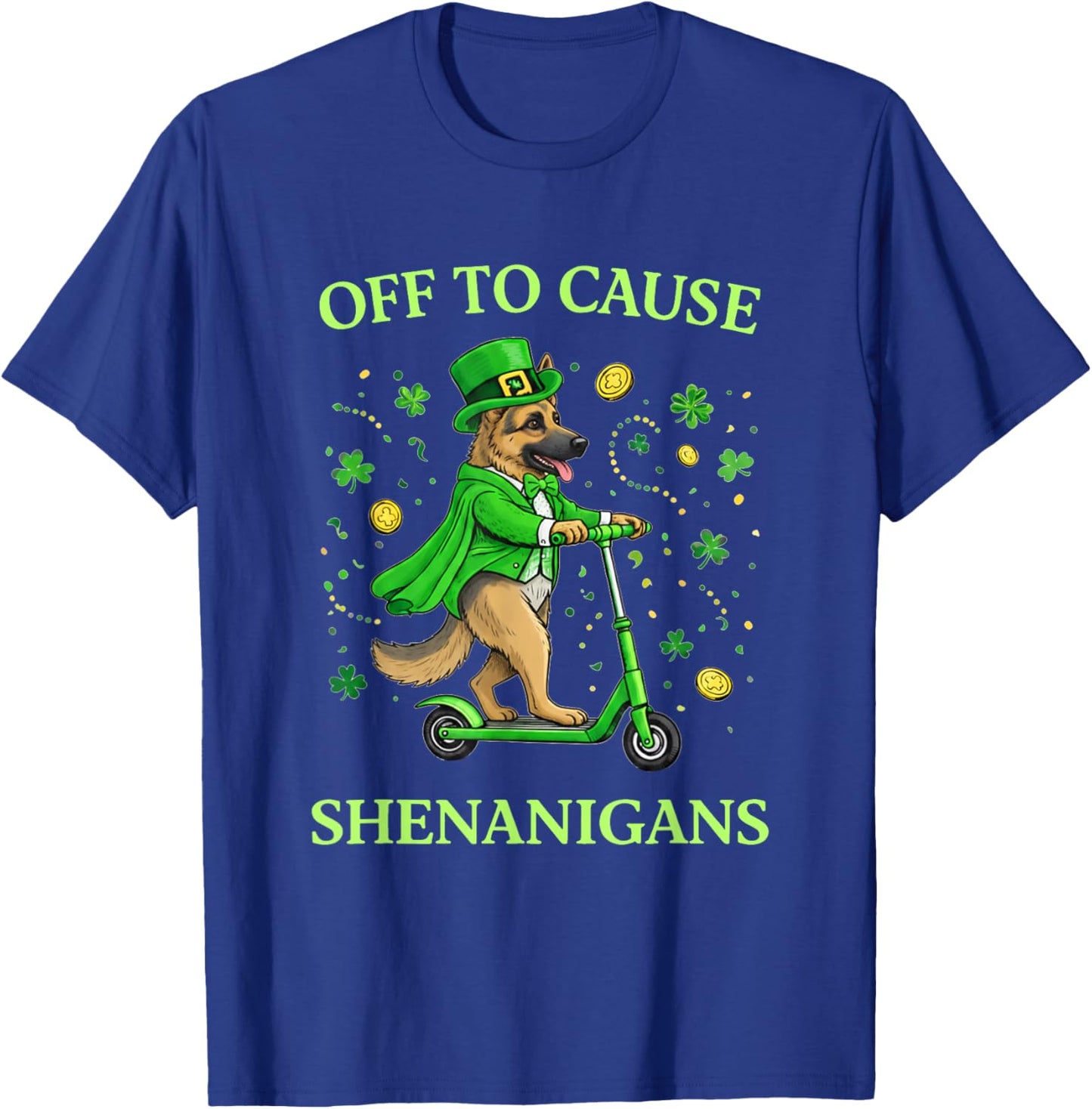 St Patrick Day German Shepherd Leprechaun Scooter Shenanigan T-Shirt - T-Shirt | Royal