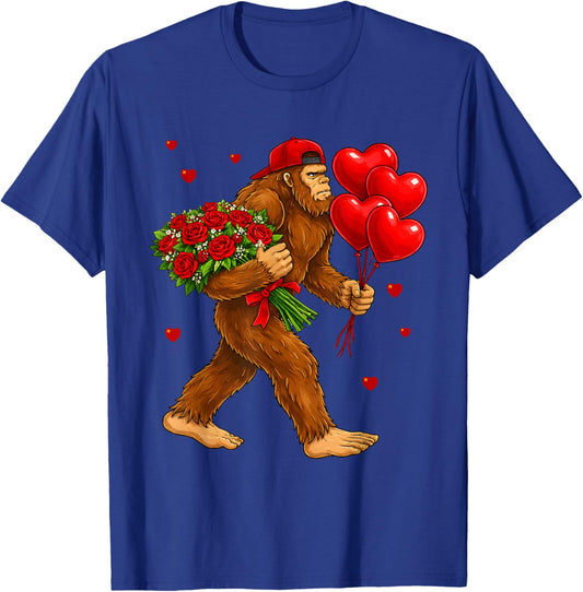 Bigfoot Valentine’s Day Cute Sasquatch Roses Balloons Love T-Shirt - T-Shirt | Royal
