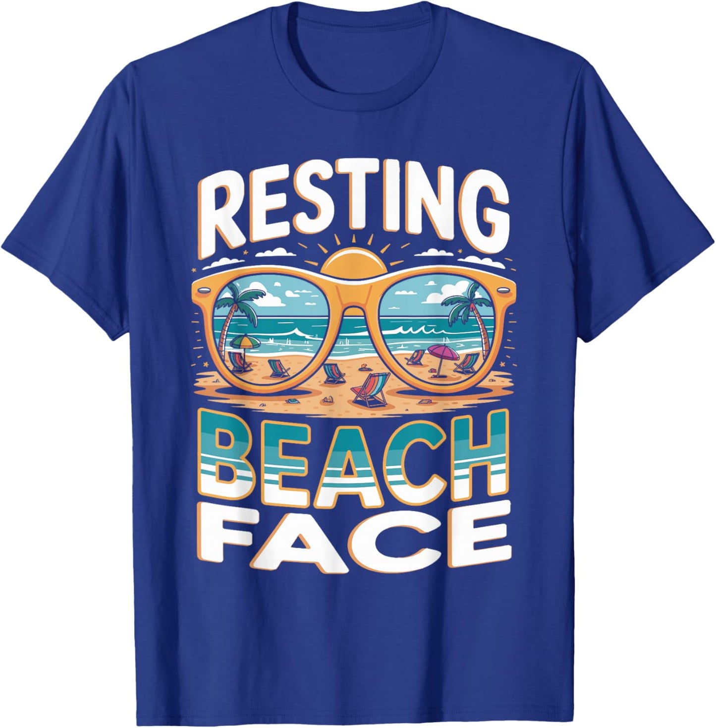 Resting Beach Face Palm Trees Ocean Retro Beach Summer T-Shirt - T-Shirt | Royal