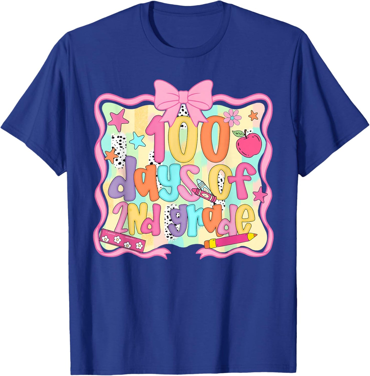 Preppy 100 Days of 2nd Grade Teacher Kids Coquette Bow T-Shirt - T-Shirt | Royal