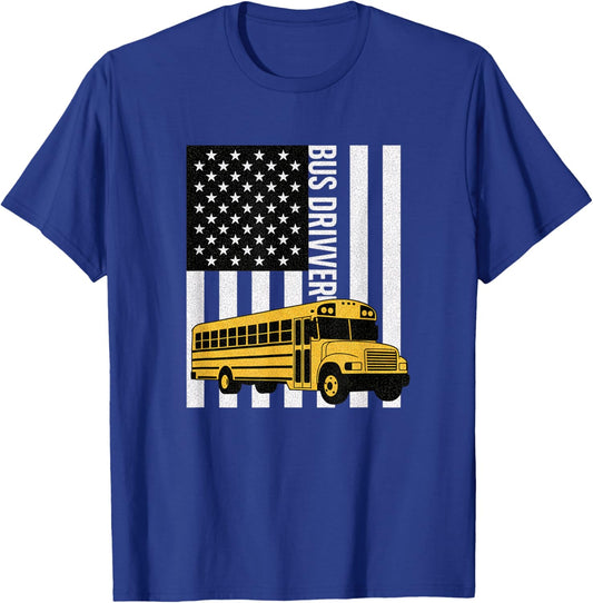 Transportation Patriotic School Bus Driver American Flag Bus T-Shirt - T-Shirt | Royal