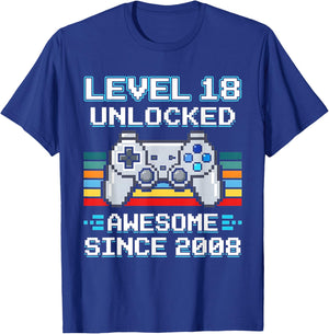 18th Birthday Gamer Level 18 Unlocked Awesome Since 2008 T-Shirt - T-Shirt | Royal
