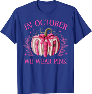 in October We Wear Pink Pumpkin Book Breast Cancer Awareness T-Shirt - T-Shirt | Royal