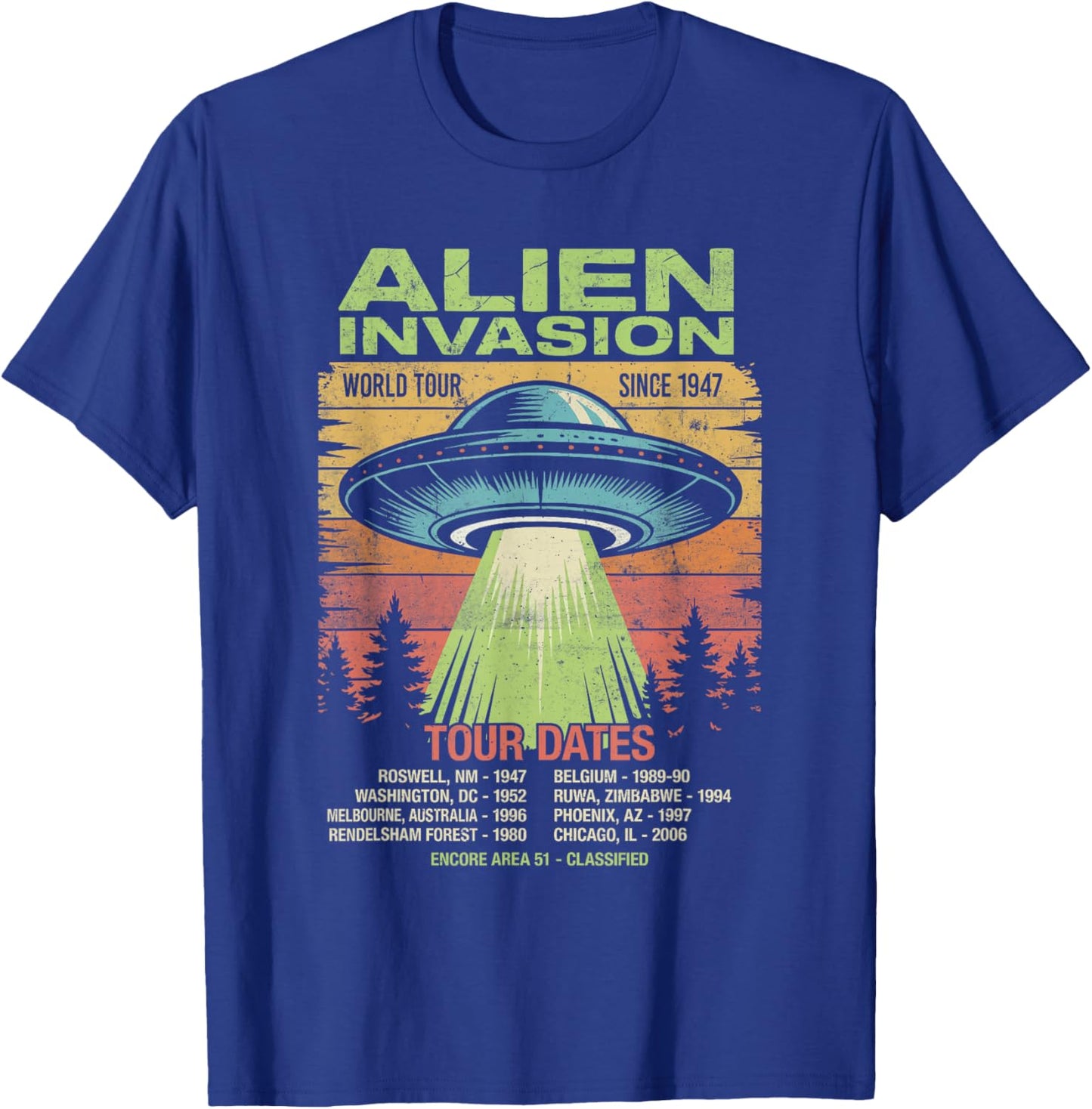 Alien Invasion Tour Dates Retro UFO Flying Saucer Vintage T-Shirt - T-Shirt | Royal