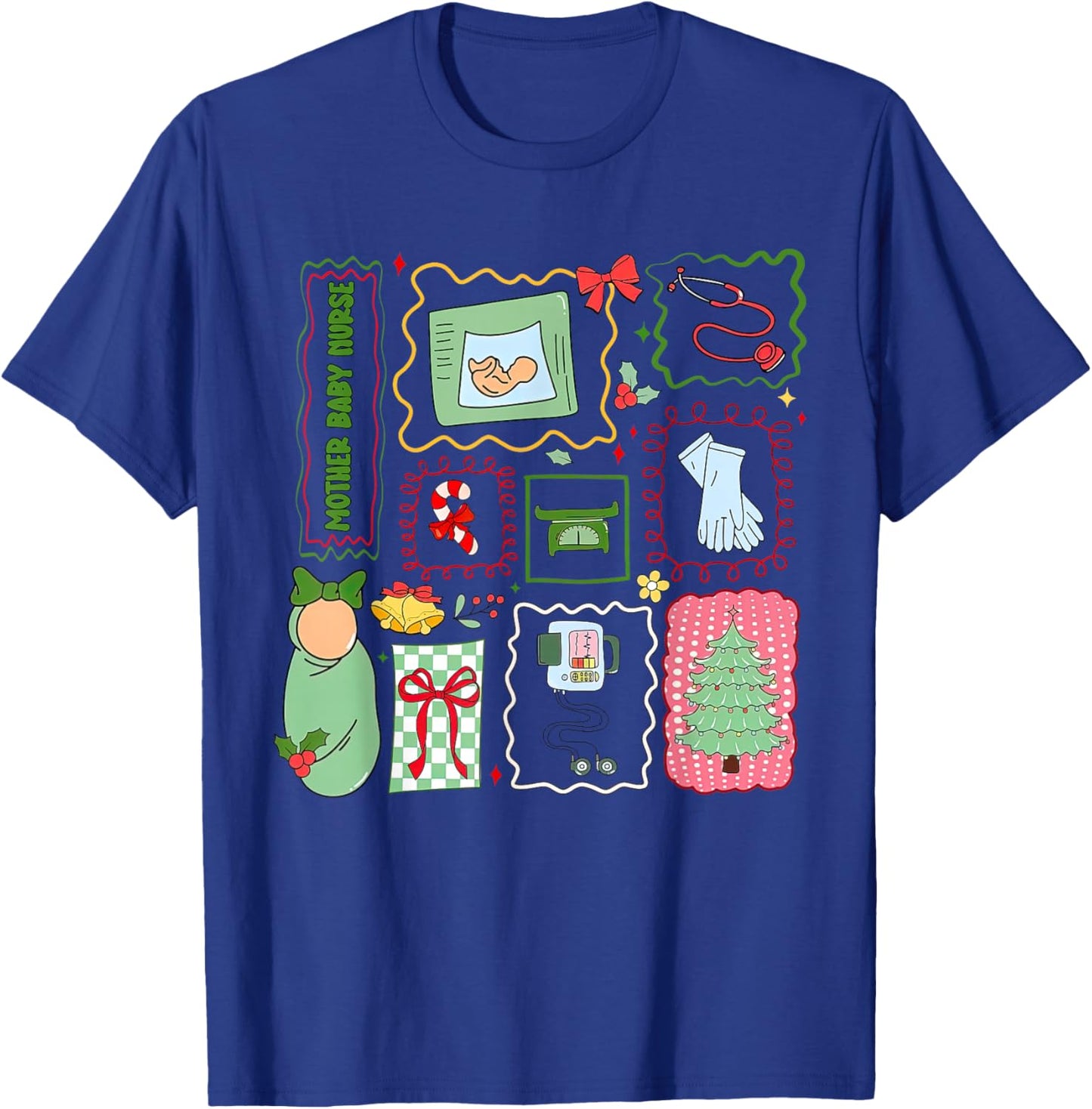 Mother Baby Nurse Christmas Stamp Postpartum Maternity Nurse T-Shirt - T-Shirt | Royal