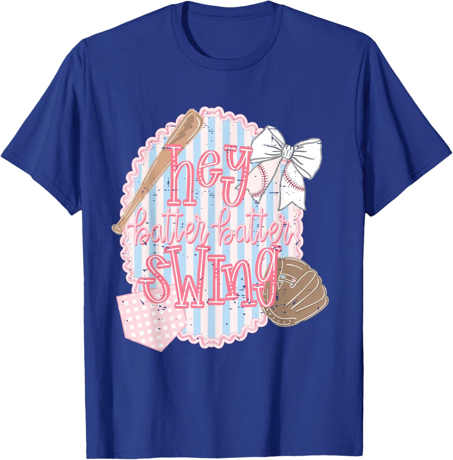 Hey Batter Batter Swing Baseball Game Day Coquette Bow Girly T-Shirt - T-Shirt | Royal
