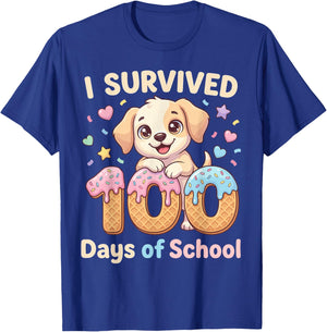 I Survived 100 Days of School Funny Punny Dog Ice Cream Drip T-Shirt - T-Shirt | Royal