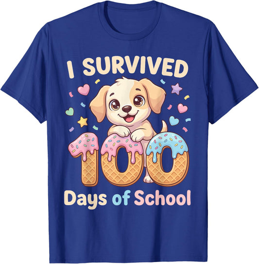 I Survived 100 Days of School Funny Punny Dog Ice Cream Drip T-Shirt - T-Shirt | Royal