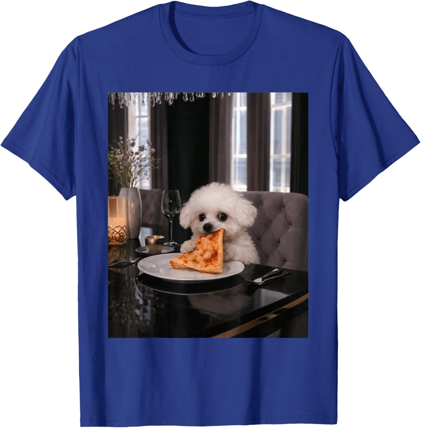 Funny Dog Meme Maltese Dog Eating Pizza Cozy Humor T-Shirt - T-Shirt | Royal